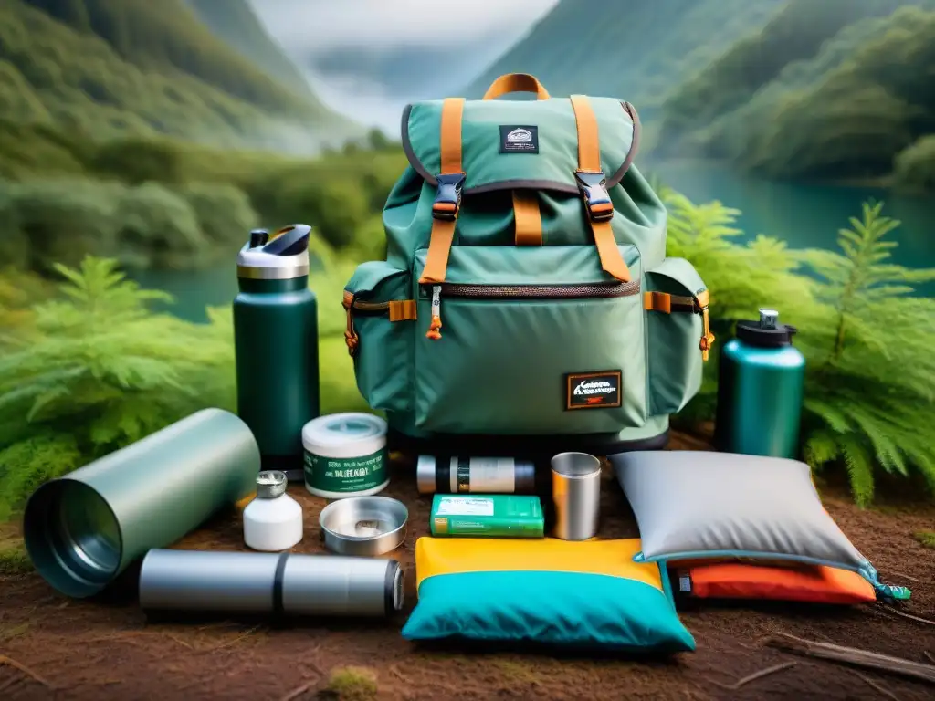 Accesorios para mochila técnica camping: Equipo esencial organizado en la naturaleza para una aventura exitosa