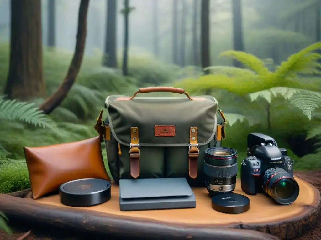 Accesorios de fotografía campismo Uruguay en bosque verde con luz natural cálida y esencia aventurera