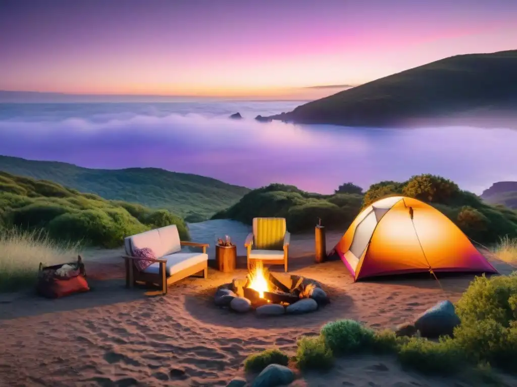 Acogedor campamento en Uruguay al atardecer con fogata, reflejos en río y naturaleza exuberante