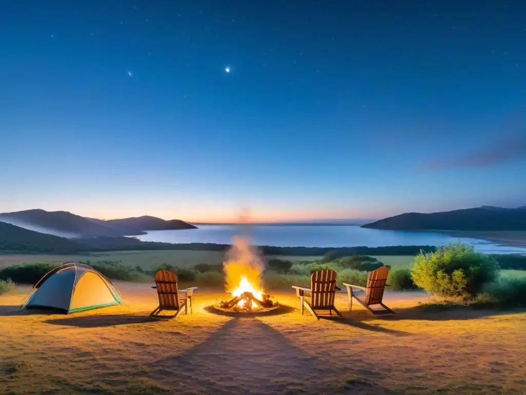 Acogedor campamento en Uruguay al atardecer, con fogata brillante y campistas disfrutando la noche