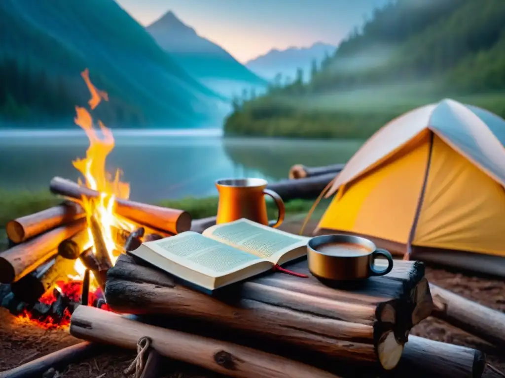 Acogedor campamento al atardecer con fogata y libro de recetas para campistas