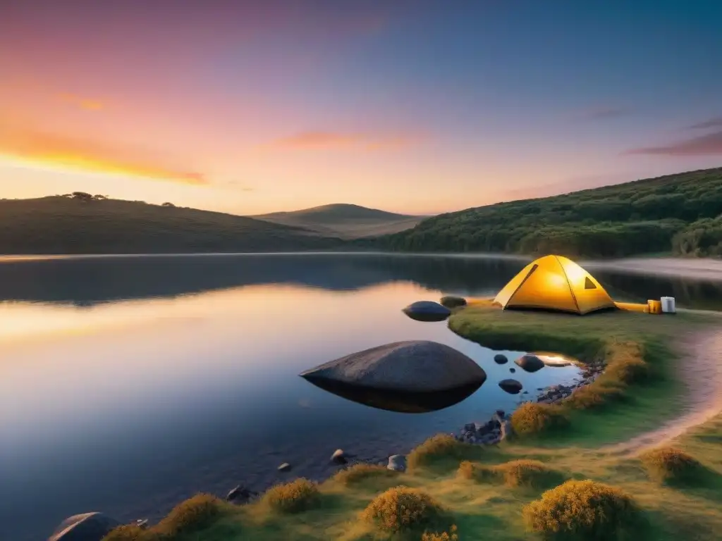 Acogedor campamento al atardecer en Uruguay, con las mejores tiendas de campaña junto al lago