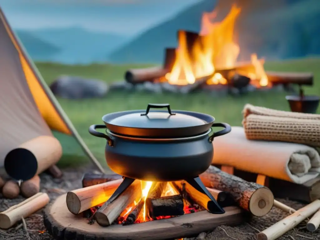 Escena de cocina de camping al atardecer con caldero de hierro sobre fogata Un acogedor campamento al atardecer con una olla de hierro sobre fogata, iluminando un entorno de camping