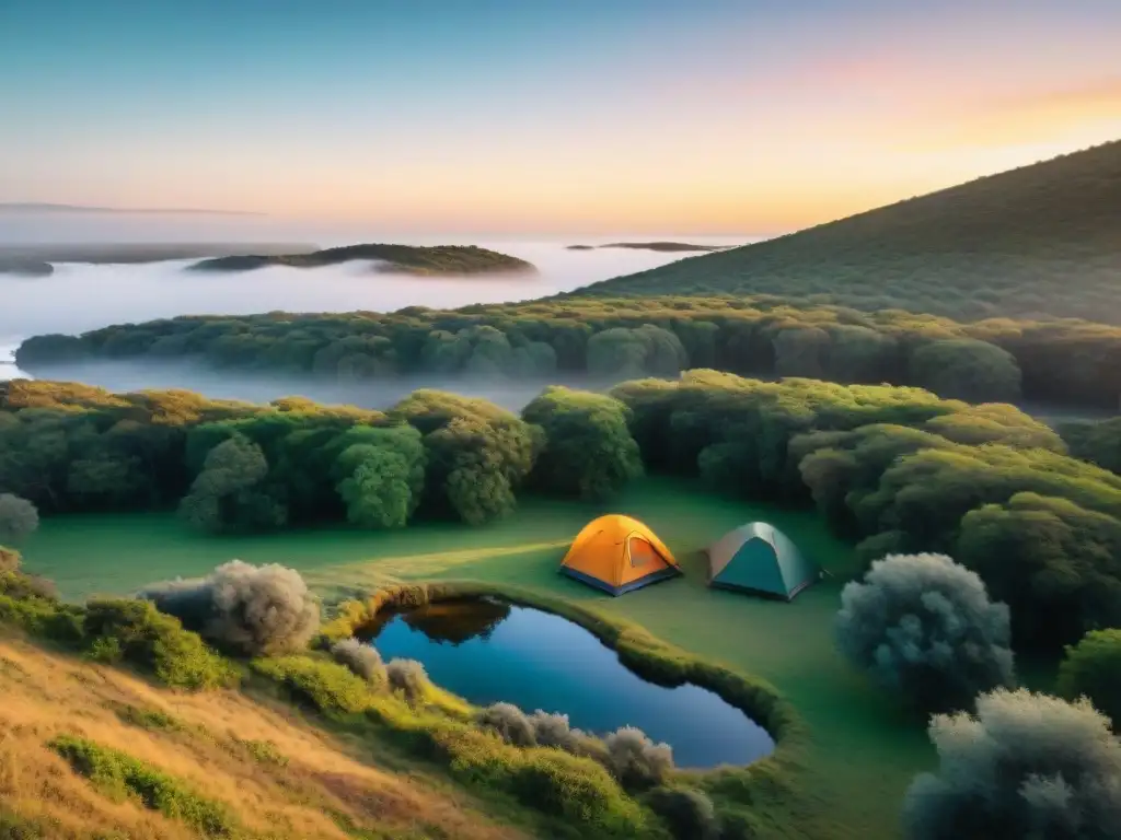 Acogedor campamento al atardecer en Uruguay, reflejando paz y tranquilidad