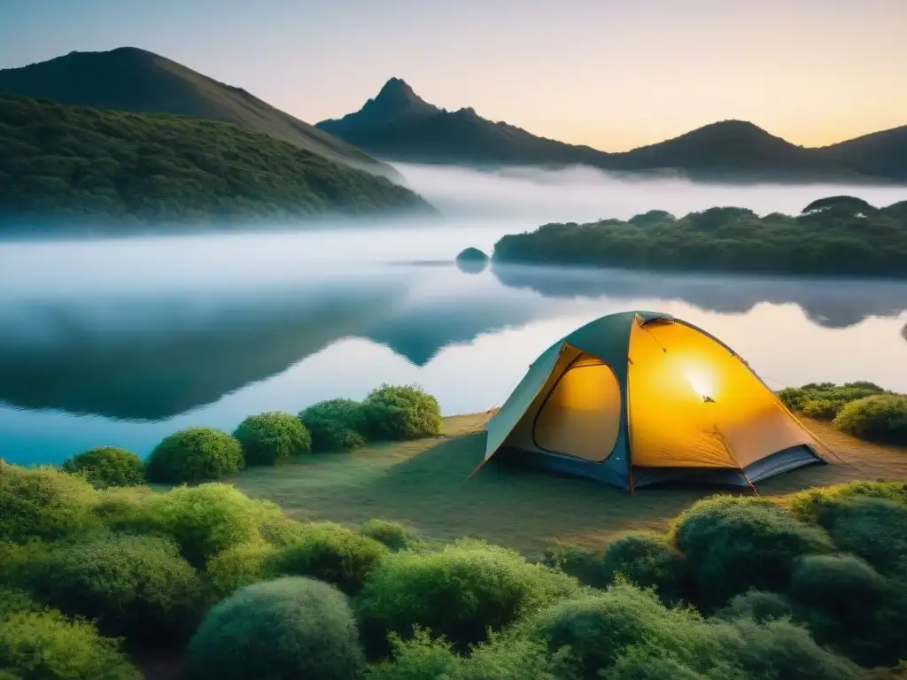 Un acogedor campamento en Uruguay al atardecer, con una tienda iluminada rodeada de vegetación, un lago tranquilo y el sol poniente