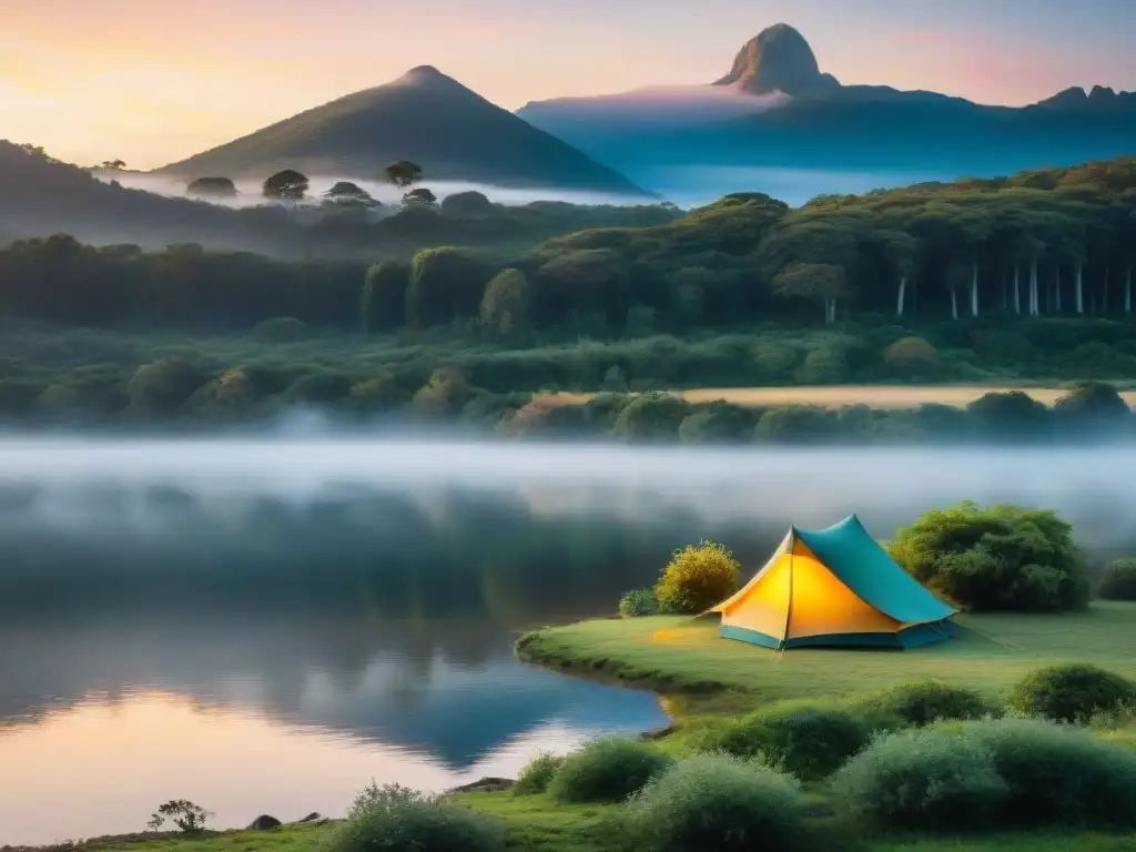 Acogedor campamento en Uruguay al atardecer con tienda colorida junto al lago