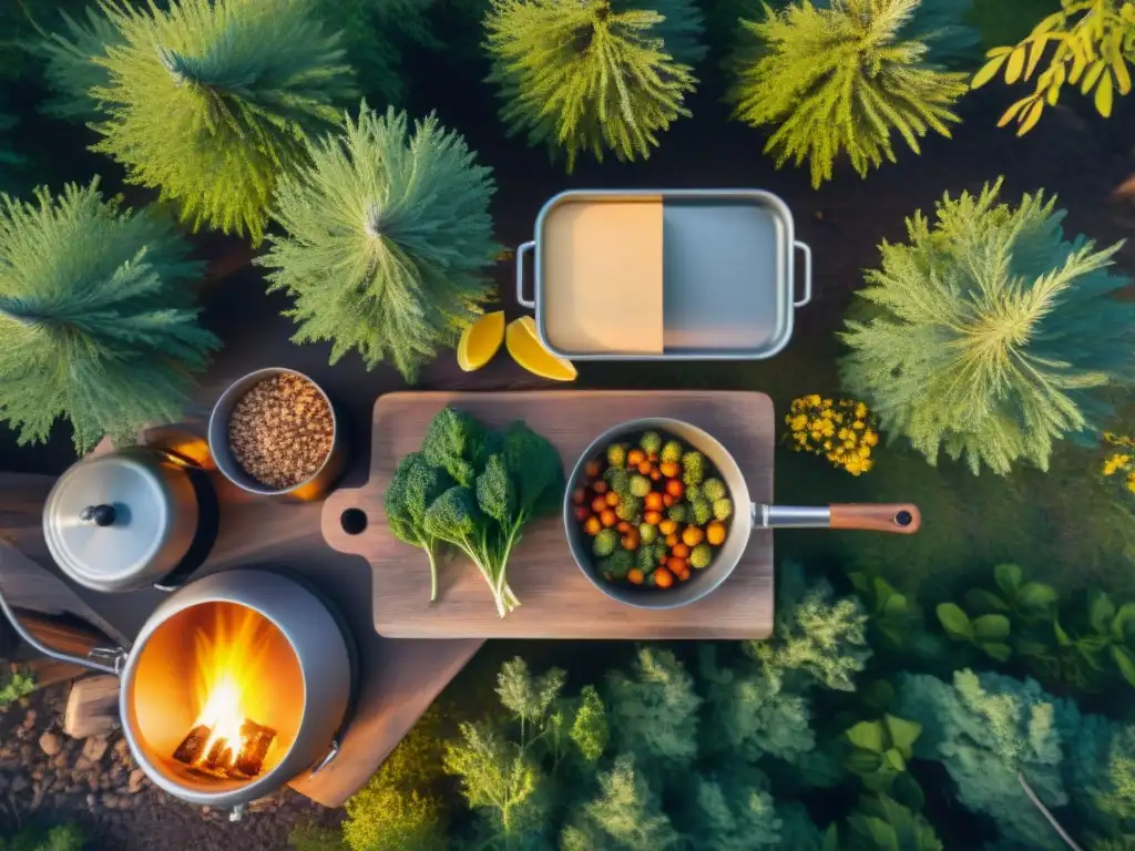 Acogedor campamento en el bosque con fogata y cocina al aire libre