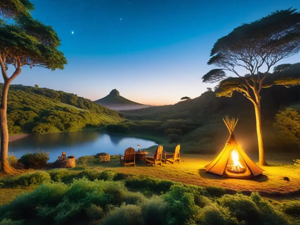 Acogedor campamento entre bosques verdes en Uruguay, con tienda y fogata bajo cielo estrellado, invita a descubrir lugares secretos acampar Uruguay