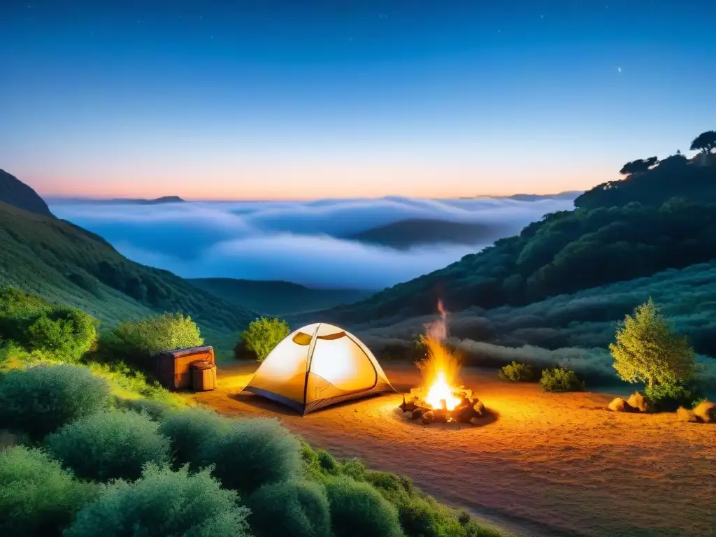 Acogedor campamento en Uruguay bajo un cielo estrellado, ideal para guías de camping en Uruguay