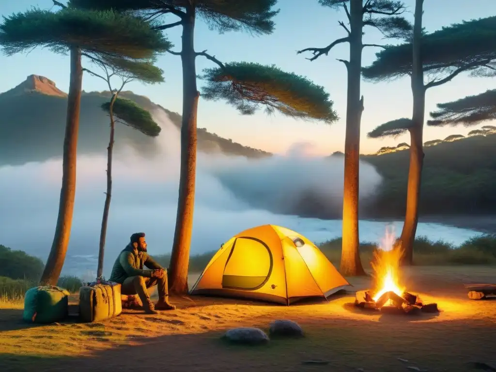 Un acogedor campamento en la exuberante naturaleza de Uruguay, donde amigos disfrutan de historias y risas alrededor de la fogata