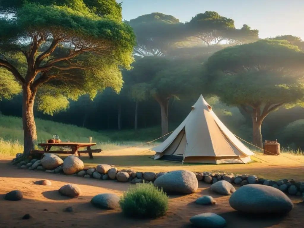 Acogedor campamento en Uruguay, reducción huella ambiental camping Uruguay, con tienda y fogata entre árboles nativos al atardecer