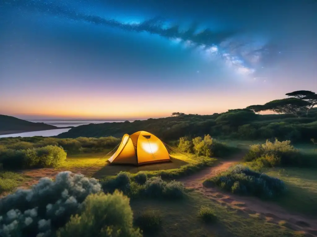 Acogedor campamento iluminado en Uruguay al atardecer, reflejando paz y aventura