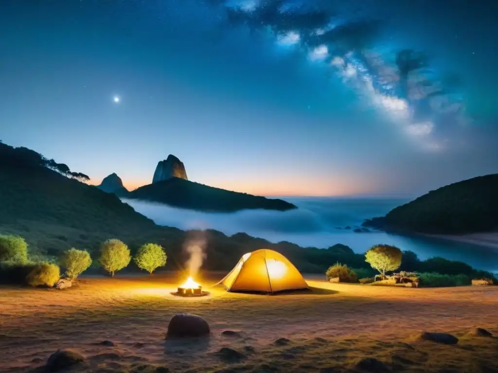 Acogedor campamento iluminado por luces en Uruguay bajo un cielo estrellado