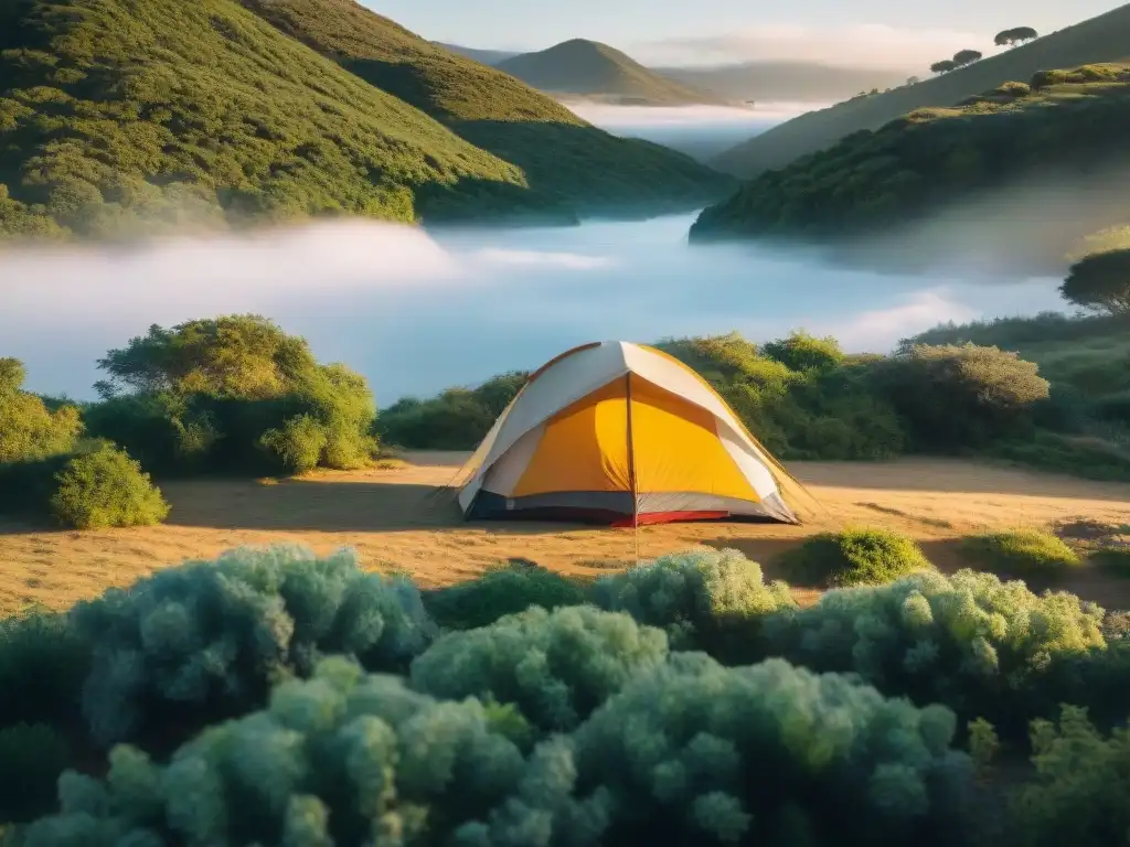 Acogedor campamento iluminado al anochecer en Uruguay, rodeado de naturaleza y un río tranquilo