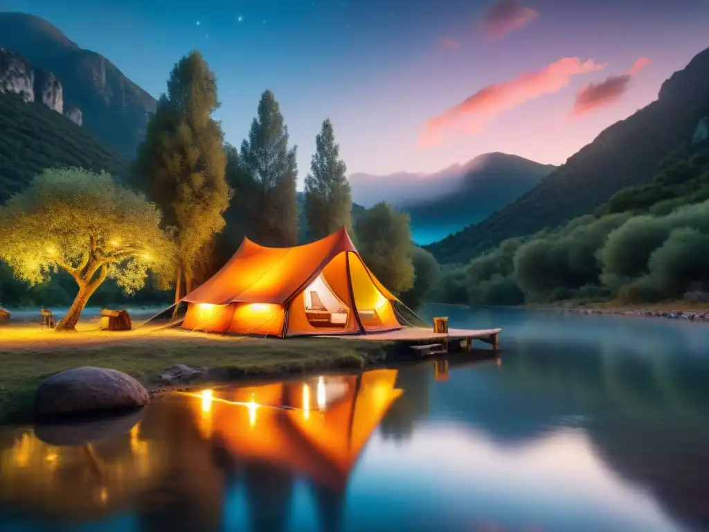 Acogedor campamento iluminado en Valle del Lunarejo al atardecer, rodeado de naturaleza