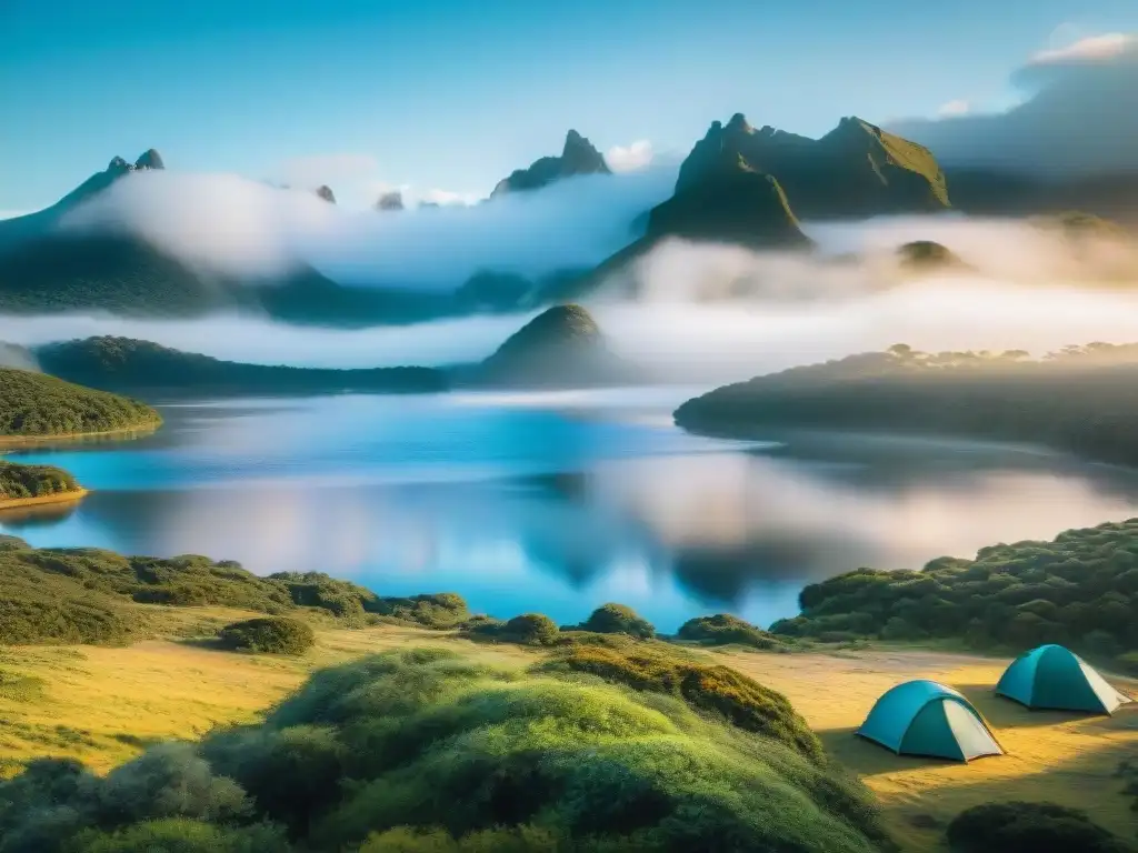 Acogedor campamento en Laguna Garzón al amanecer, reflejando el cielo en las tranquilas aguas, rodeado de naturaleza exuberante y montañas