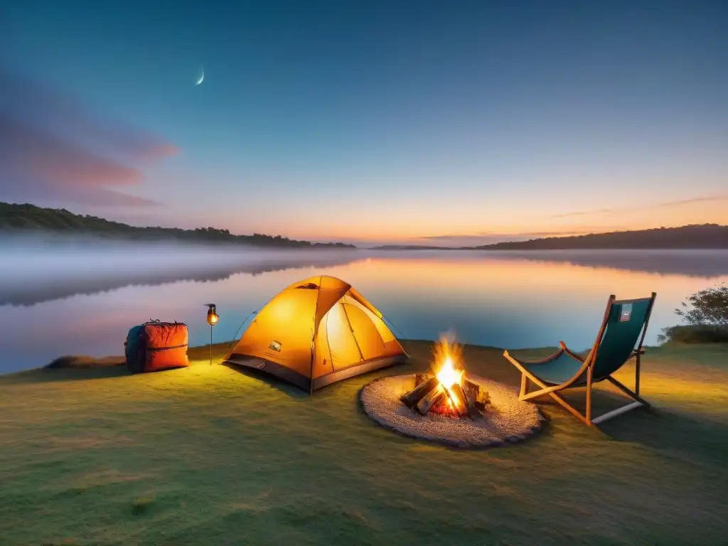 Acogedor campamento de lujo en Uruguay al atardecer, con tienda iluminada y grupo elegante disfrutando de la exclusividad