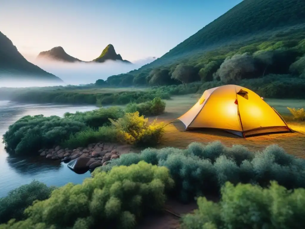 Acogedor campamento en la naturaleza de Uruguay, con tienda entre vegetación y río sereno