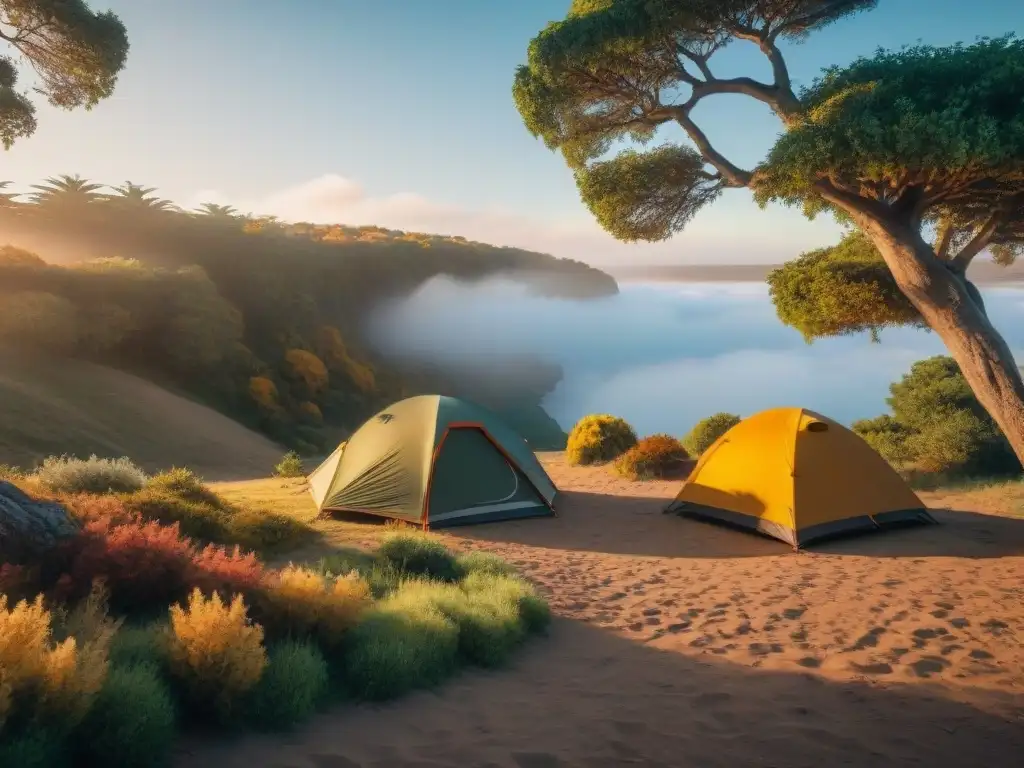 Acogedor campamento en Uruguay en otoño, resaltando la belleza natural y la serenidad del paisaje al atardecer