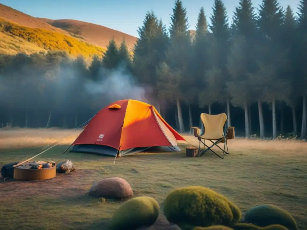 Acogedor campamento en Uruguay durante otoño, rodeado de vibrante follaje en tonos rojos, naranjas y amarillos, iluminado por fogata bajo cielo estrellado