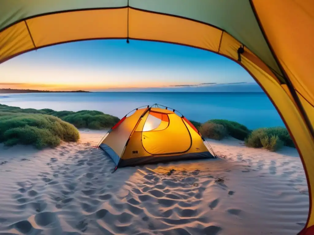 Acogedor campamento en la playa al atardecer en Uruguay con sombras largas y luz dorada