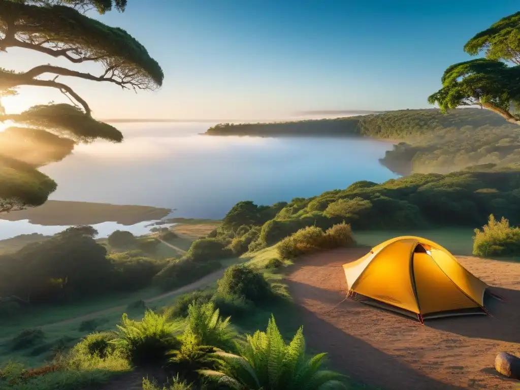 Acogedor campamento en Uruguay, con tienda entre árboles verdes y río serpenteante al atardecer