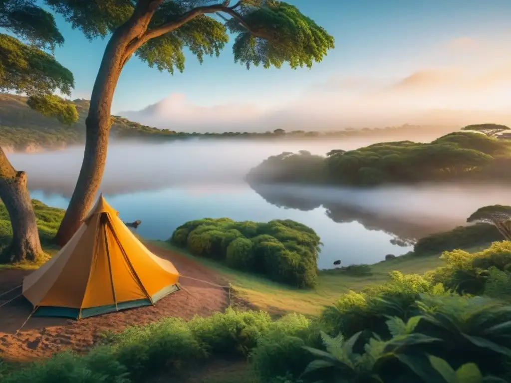 Un acogedor campamento en Uruguay con una tienda de campaña, hamaca y lago al atardecer