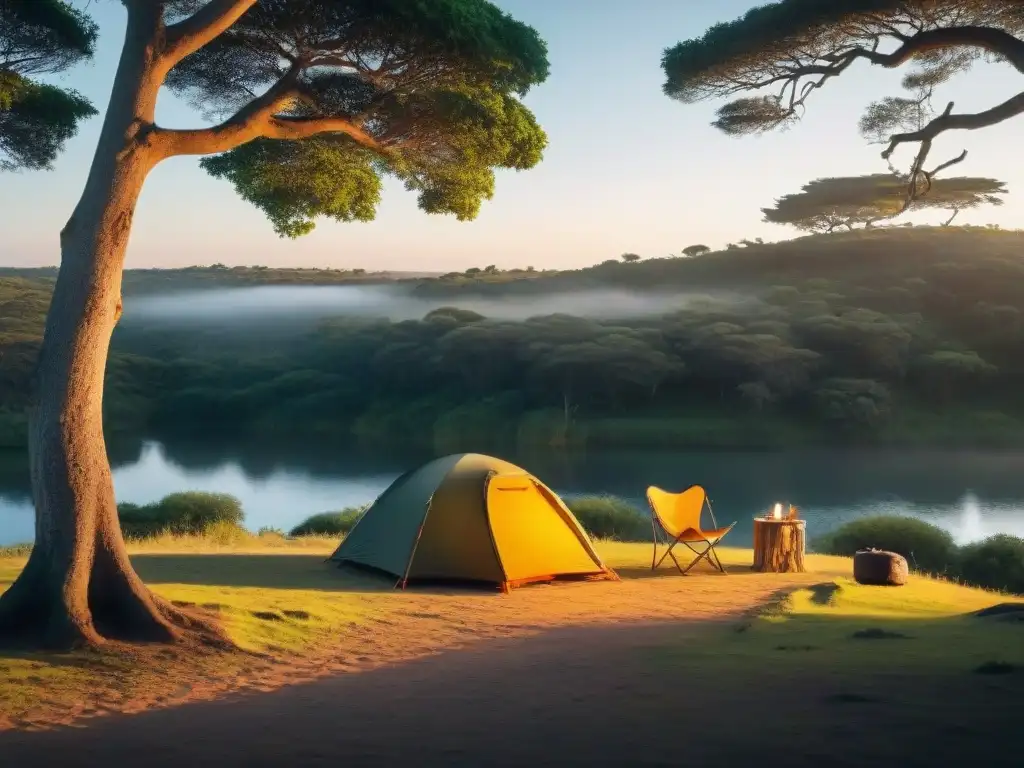 Acogedor campamento en Uruguay, con tienda, fogata y atardecer