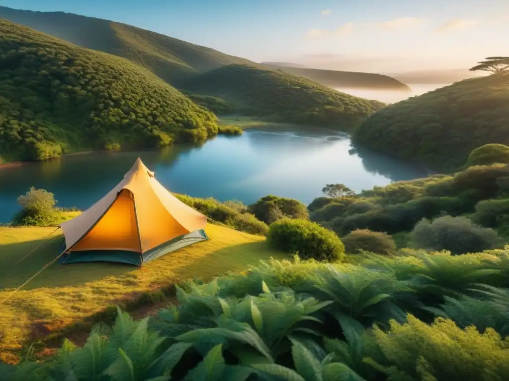 Acogedor campamento en Uruguay con tienda entre vegetación exuberante y río