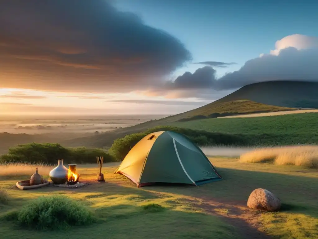 Acogedor campamento uruguayo al atardecer, con tienda, fogata, mate y poncho