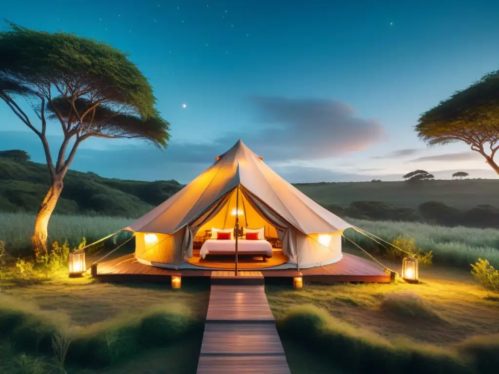 Un acogedor glamping en Uruguay para parejas, entre vegetación exuberante, luces de hadas y velas, creando un ambiente romántico