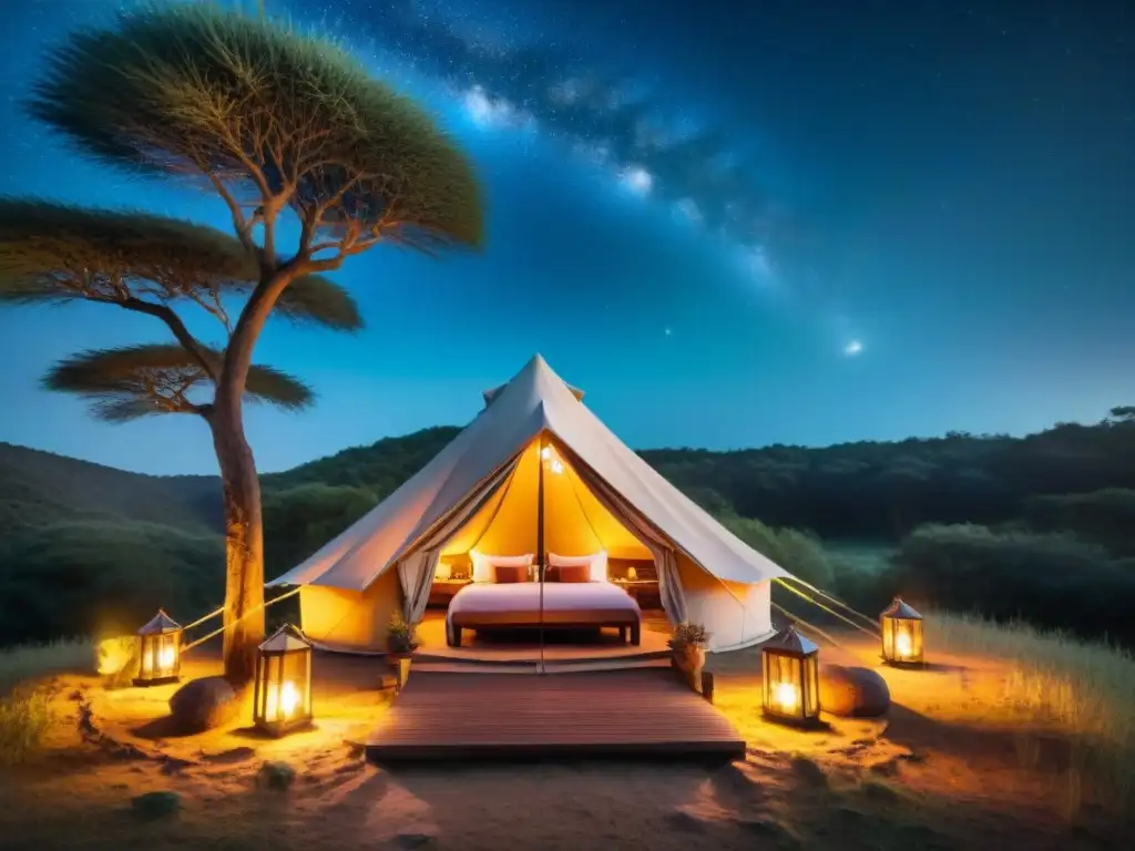 Un acogedor glamping en Uruguay para parejas, iluminado en medio de la naturaleza serena con una noche estrellada