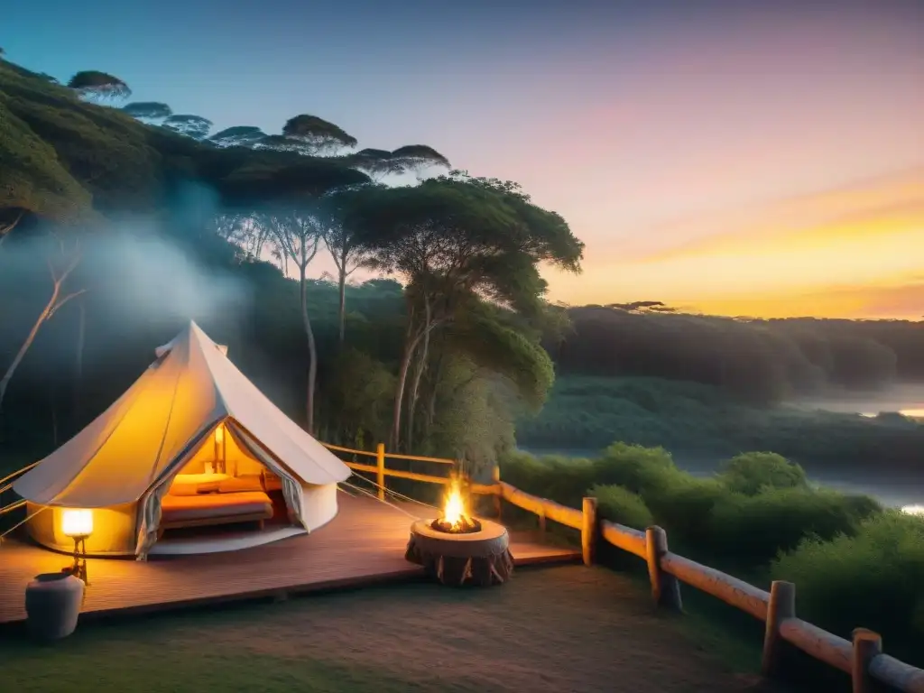 Un acogedor glamping en Uruguay para parejas: tienda de lujo en el bosque al atardecer con luz dorada filtrada entre los árboles