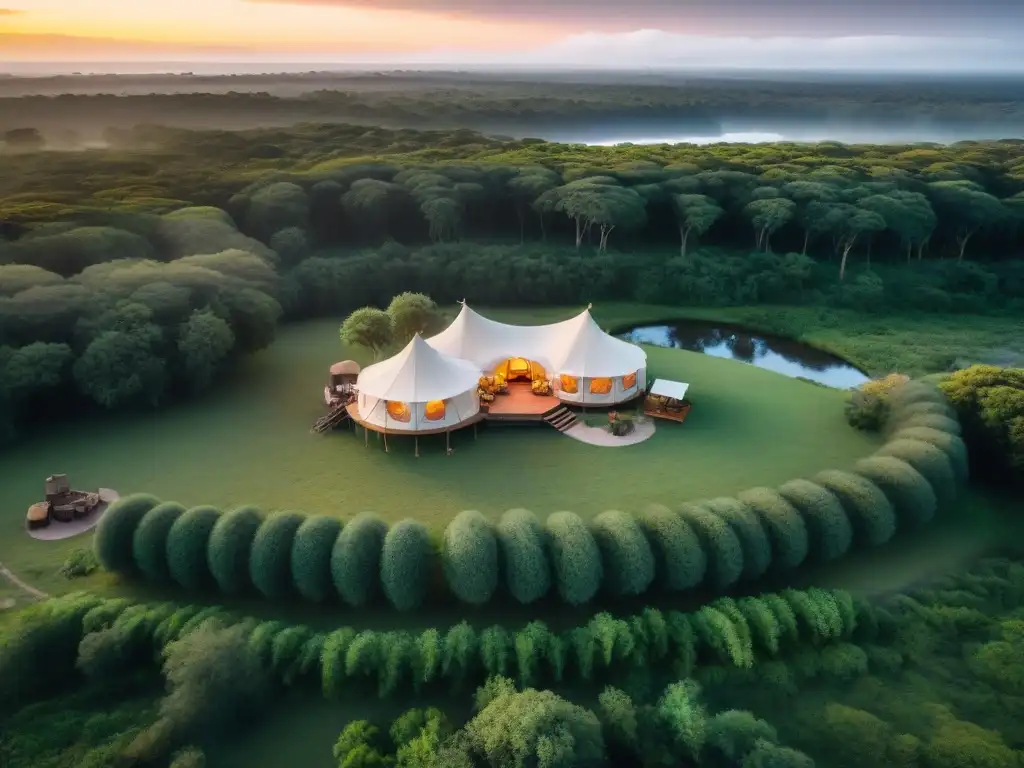 Acogedor glamping en Uruguay para principiantes, con tiendas safari elegantes entre árboles y un río sereno al atardecer