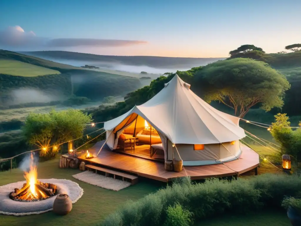 Acogedor glamping en Uruguay con vista al atardecer y fogata