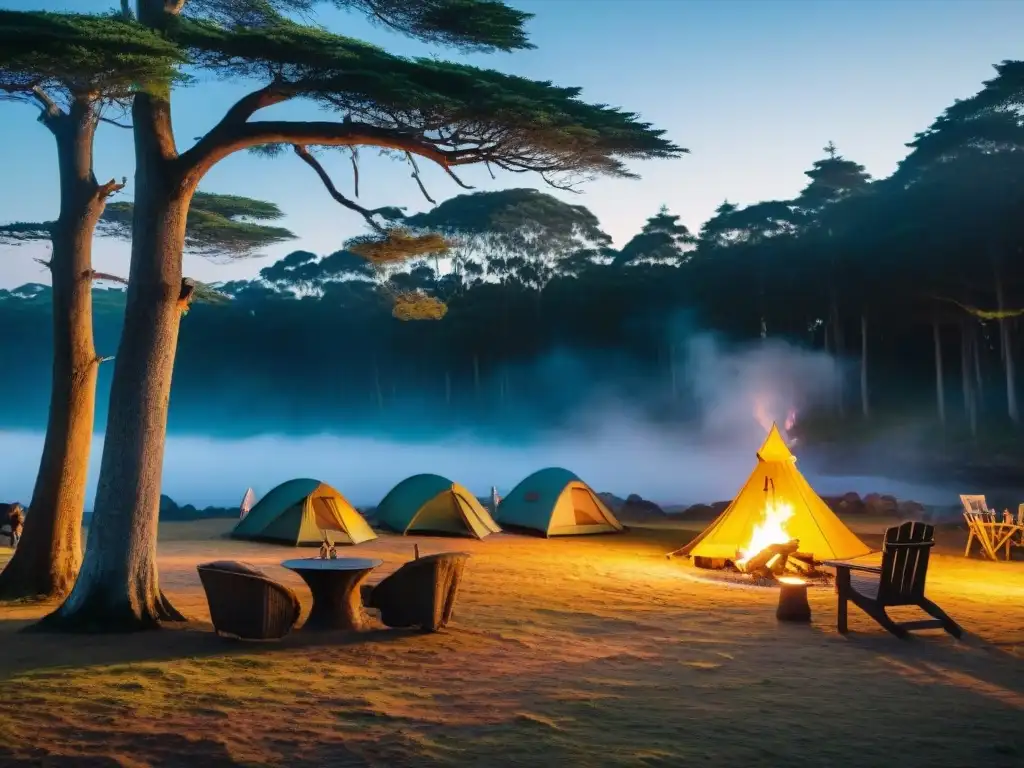 Acogedora fogata en campamento en Uruguay al atardecer, rodeada de sillas de camping y árboles siluetados