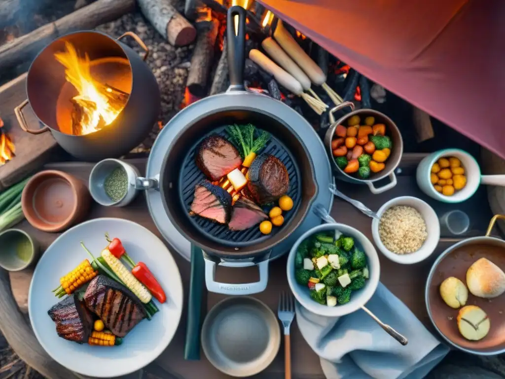 Una acogedora noche de camping al aire libre, con fogata, utensilios de cocina y alimentos listos para asar