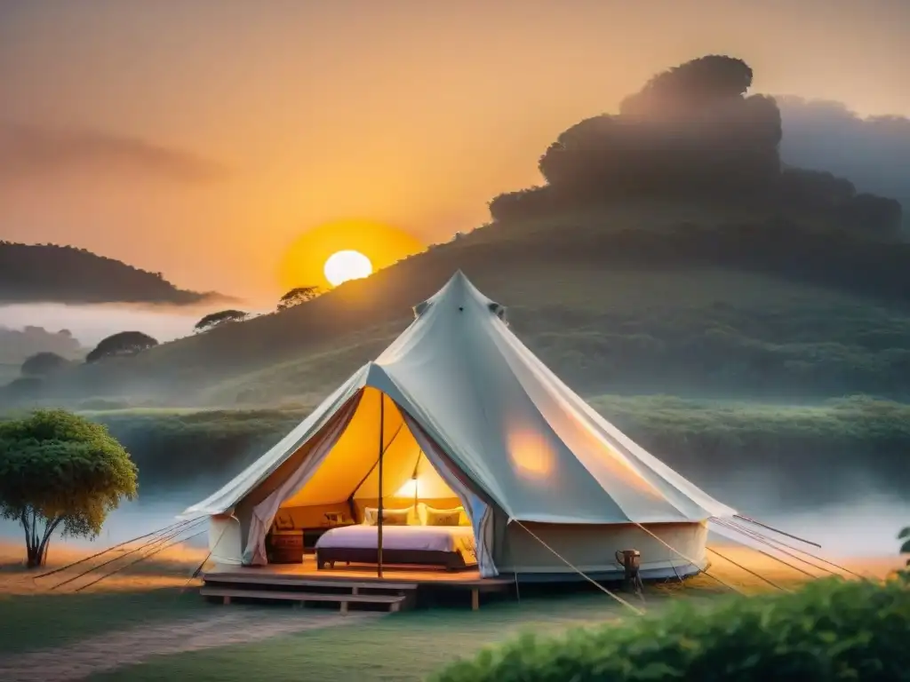 Acogedora tienda de glamping en Uruguay al atardecer con servicios y comodidades en Glamping Uruguay