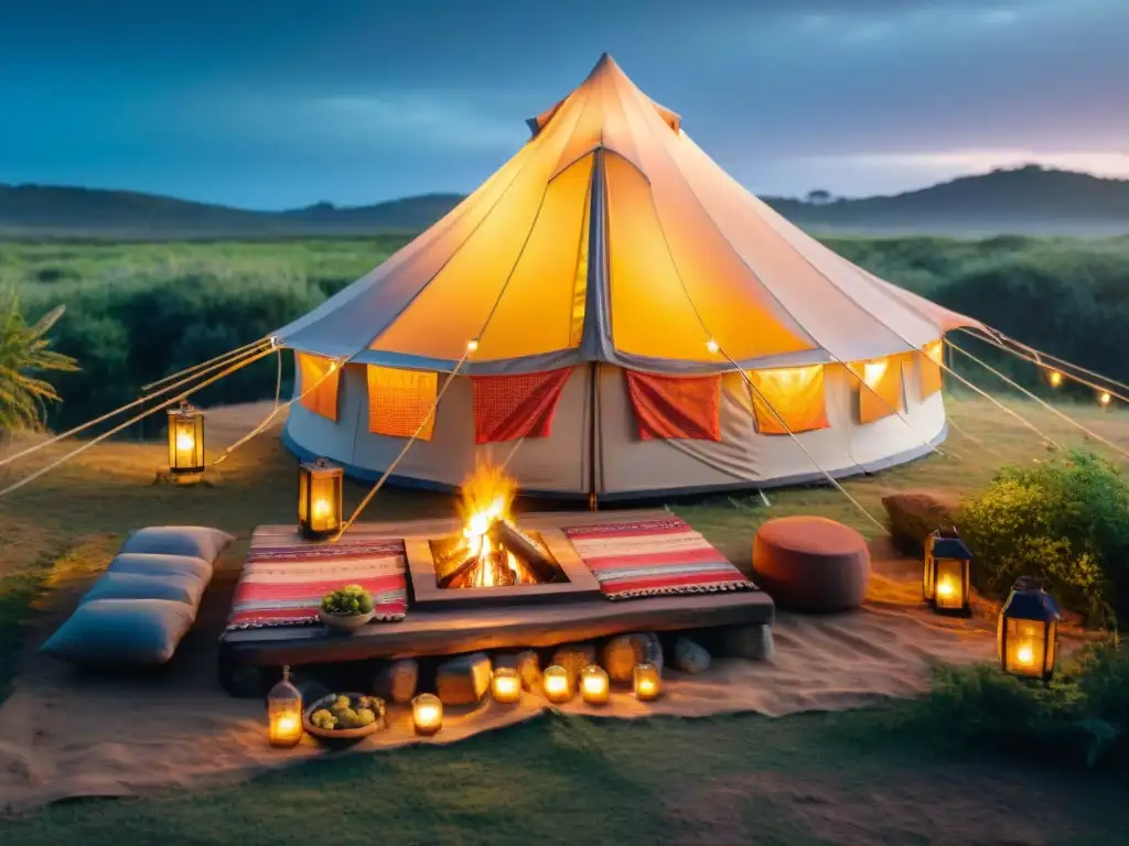 Acogedora tienda de glamping en Uruguay con decoración elegante y ambiente tranquilo para disfrutar de platos típicos camping Uruguay