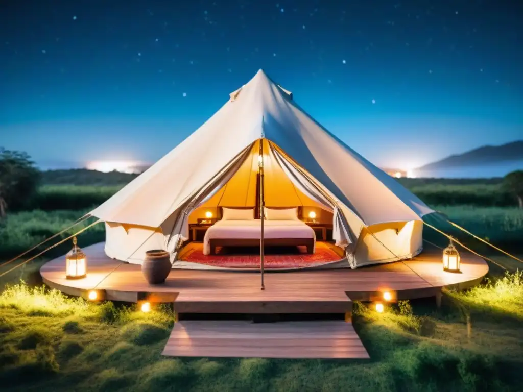 Acogedora tienda de glamping iluminada de noche en Uruguay con un entorno exclusivo y tranquilo