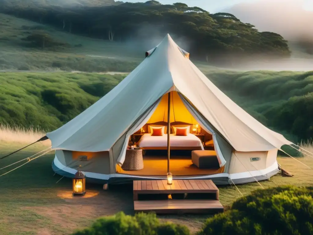 Acogedora tienda de glamping en Uruguay, pareja disfrutando la naturaleza