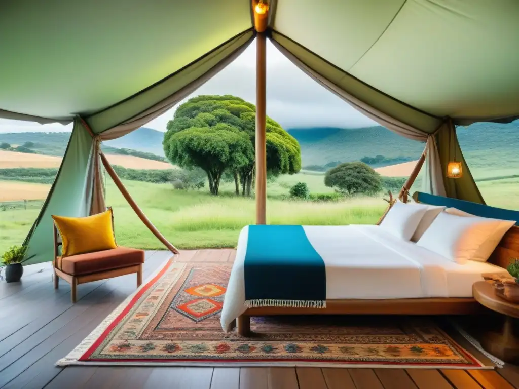 Acogedora tienda de glamping para parejas en Uruguay con cama queen, iluminación suave y vista romántica a las colinas