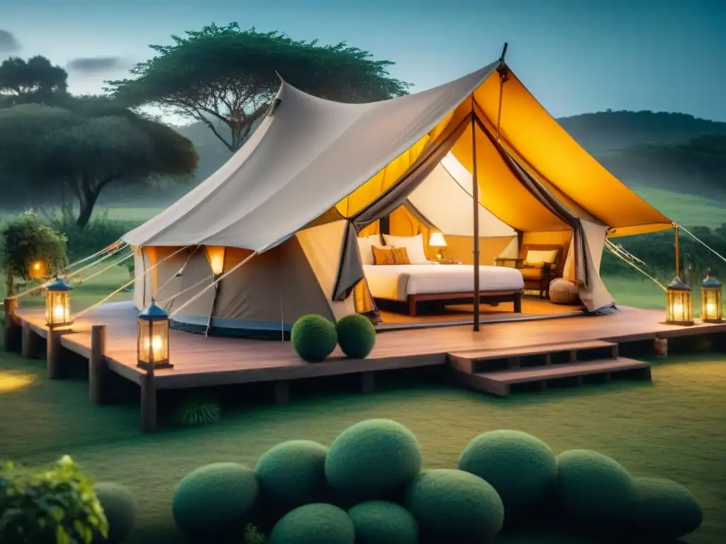 Acogedora tienda de glamping en Uruguay rodeada de vegetación exuberante al atardecer