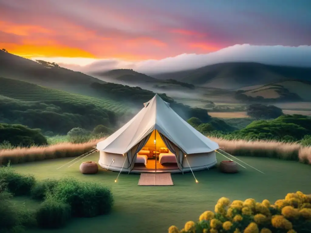 Acogedora tienda de glamping en Uruguay, rodeada de exuberante naturaleza bajo un cielo de atardecer