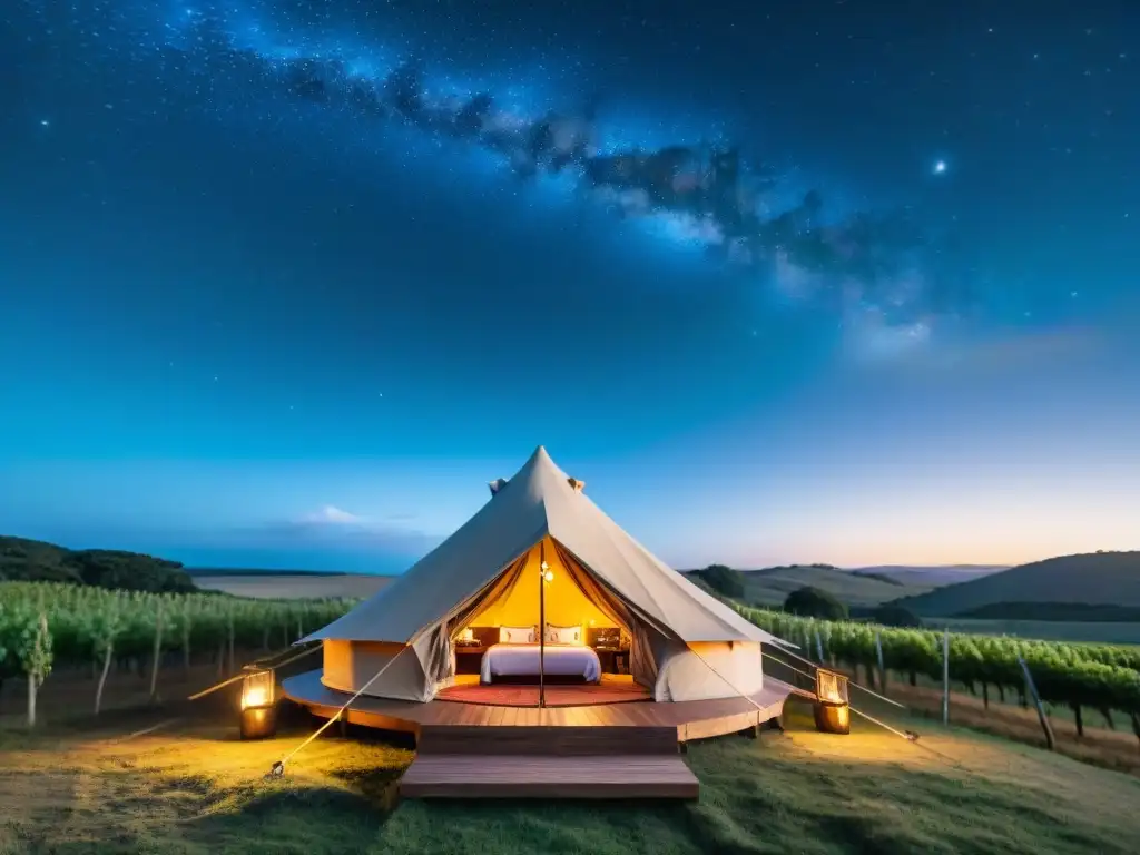 Acogedora tienda de glamping entre viñedos bajo un cielo estrellado en Uruguay