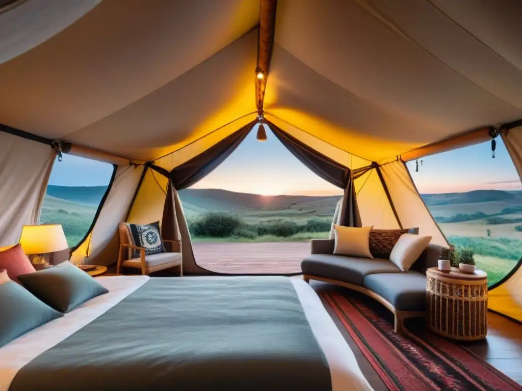 Acogedora tienda de glamping en Uruguay con vista al atardecer, manta suave y luces cálidas