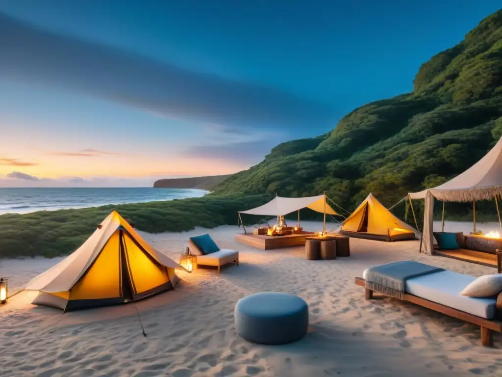 Acogedora tienda de lujo en playa uruguaya al atardecer, ideal para camping de lujo