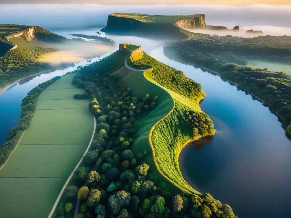 Fotografía aérea de paisajes de Uruguay: vista panorámica con ríos, vegetación exuberante y el mar al fondo, iluminados por cálida luz solar