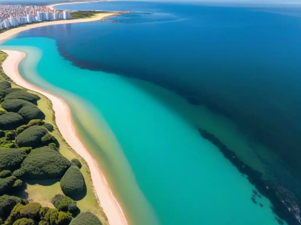 Fotografía aérea de paisajes en Punta del Este, Uruguay, con playas doradas y aguas turquesas bajo la luz del sol