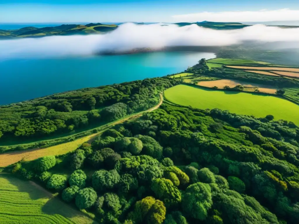 Fotografía aérea de los verdes paisajes de Uruguay desde un drone, con pueblos y ríos bajo un cielo azul